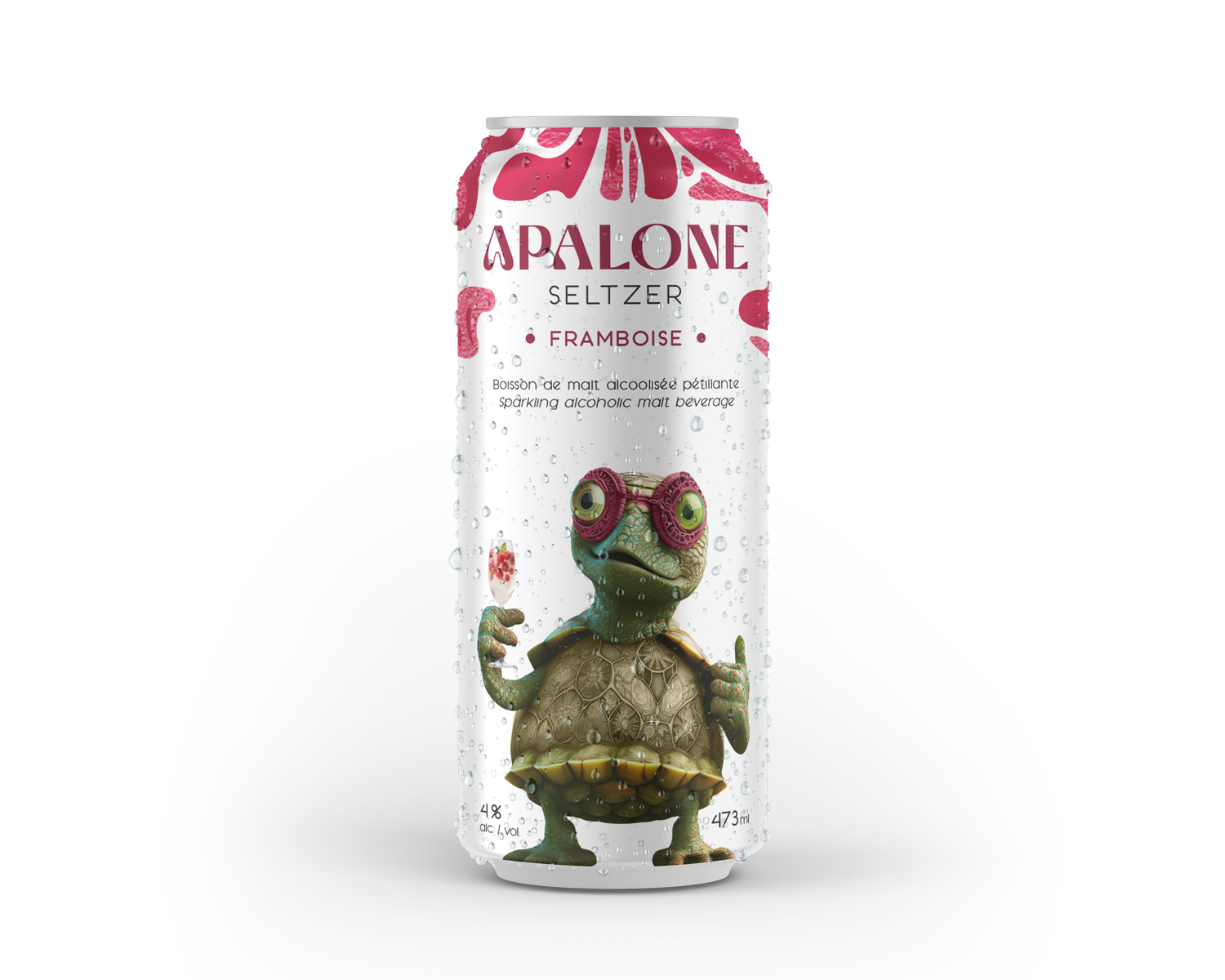 Canette de boisson de malt alcoolisée pétillante Apalone Seltzer à saveur de framboise.